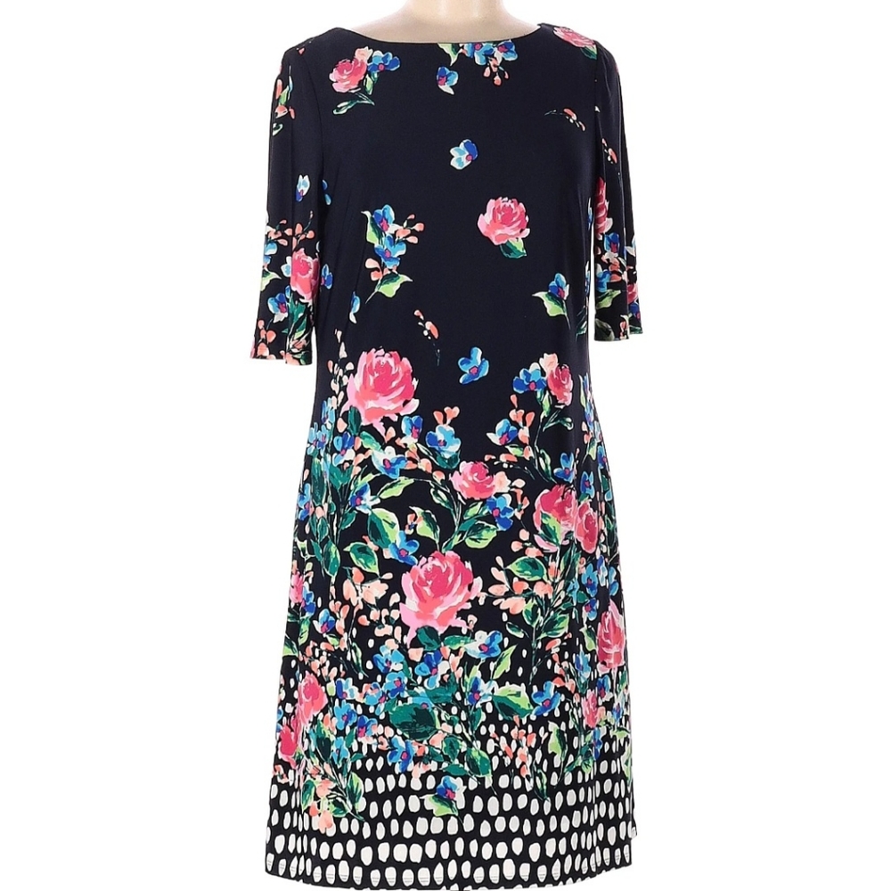 ELIZA J Floral Polka Dot Jersey Shift Dress 8 Navy